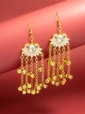 mint & pink lotus kundan chandelier earrings with gold ghungroo bells 1