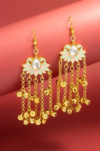 mint & pink lotus kundan chandelier earrings with gold ghungroo bells