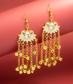 mint & pink lotus kundan chandelier earrings with gold ghungroo bells