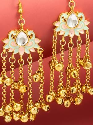 mint & pink lotus kundan chandelier earrings with gold ghungroo bells 2