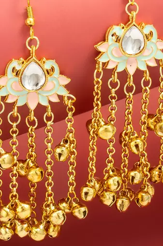 mint & pink lotus kundan chandelier earrings with gold ghungroo bells