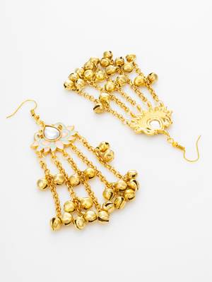 mint & pink lotus kundan chandelier earrings with gold ghungroo bells 3