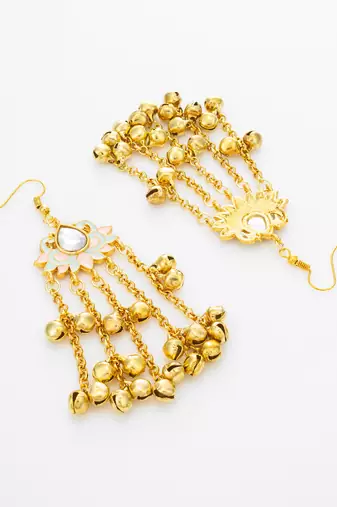 mint & pink lotus kundan chandelier earrings with gold ghungroo bells