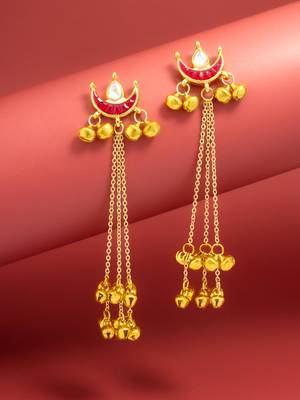 maroon crescent moon kundan chandelier earrings with gold bell tassels 1