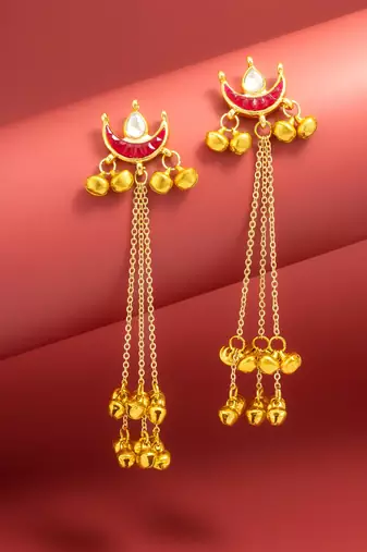 maroon crescent moon kundan chandelier earrings with gold bell tassels