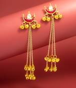maroon crescent moon kundan chandelier earrings with gold bell tassels