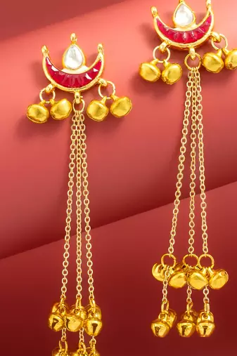 maroon crescent moon kundan chandelier earrings with gold bell tassels
