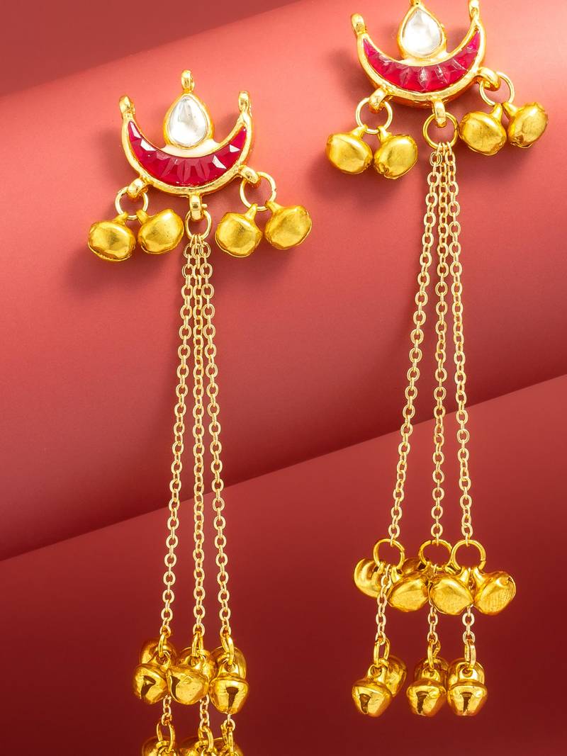 maroon crescent moon kundan chandelier earrings with gold bell tassels