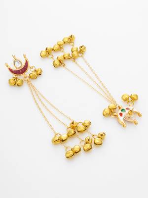 maroon crescent moon kundan chandelier earrings with gold bell tassels 3
