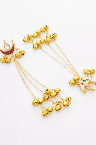 maroon crescent moon kundan chandelier earrings with gold bell tassels