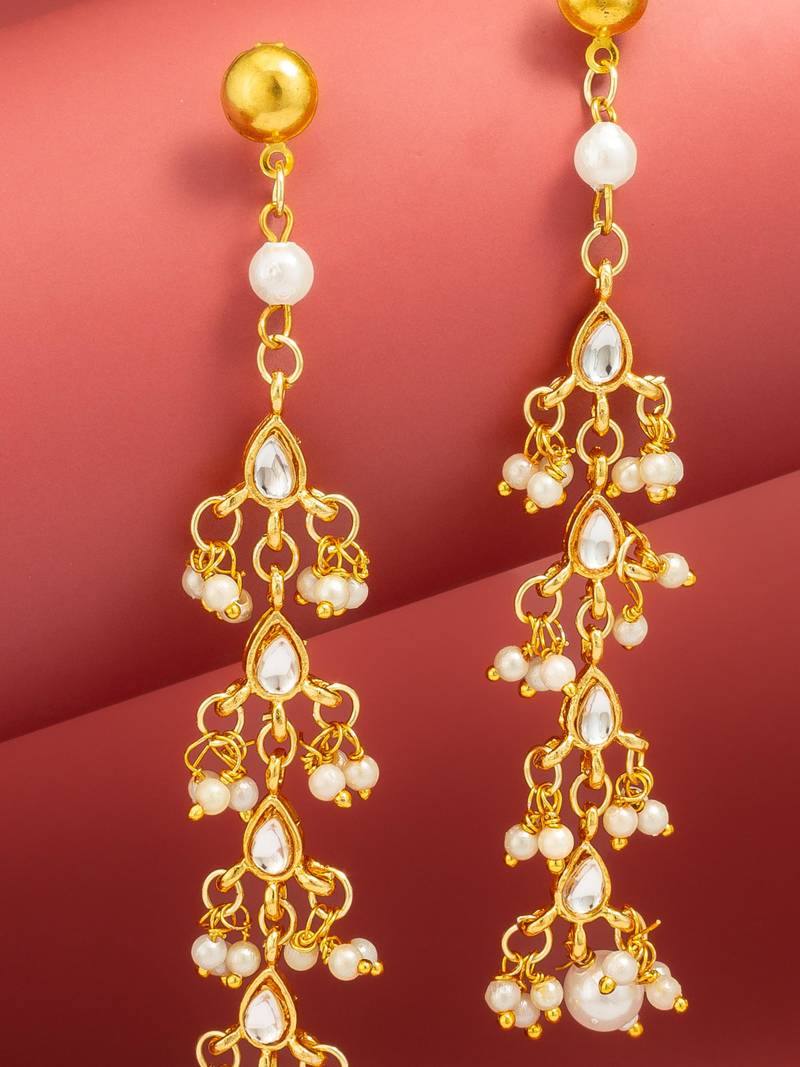 pearl kundan tiered chandelier drop earrings