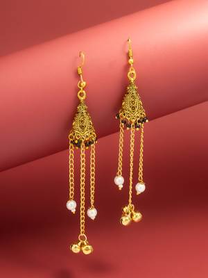 oxidized gold pyramid drop earrings with black beads and pearl dangles 1