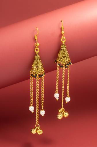 oxidized gold pyramid drop earrings with black beads and pearl dangles