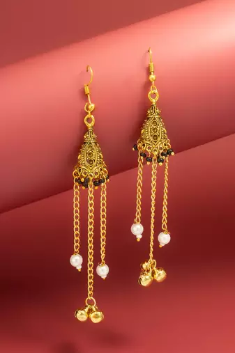 oxidized gold pyramid drop earrings with black beads and pearl dangles