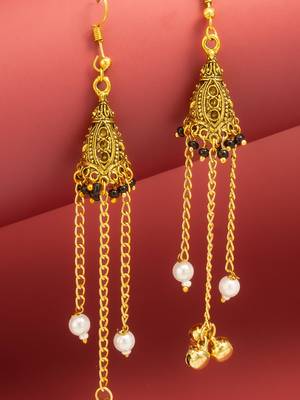 oxidized gold pyramid drop earrings with black beads and pearl dangles 2