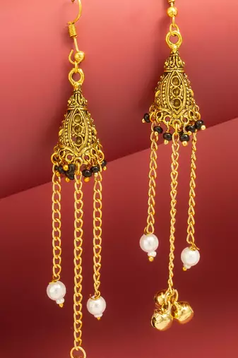oxidized gold pyramid drop earrings with black beads and pearl dangles