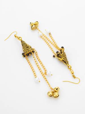 oxidized gold pyramid drop earrings with black beads and pearl dangles 3
