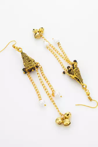 oxidized gold pyramid drop earrings with black beads and pearl dangles