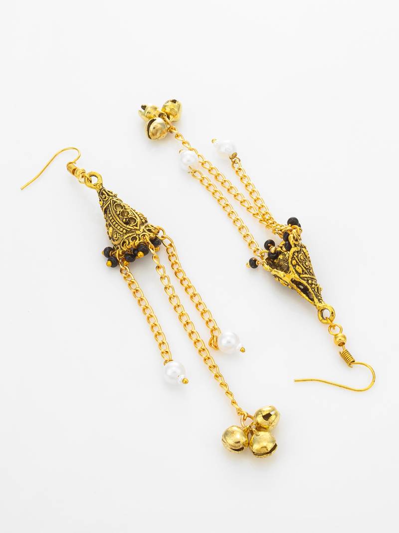 oxidized gold pyramid drop earrings with black beads and pearl dangles