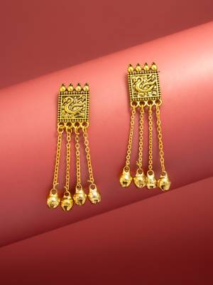 oxidized gold swan motif earrings with hanging bells 1