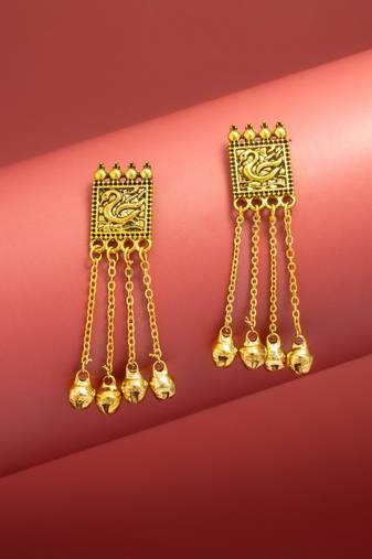 oxidized gold swan motif earrings with hanging bells
