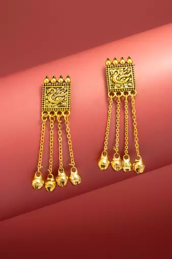 oxidized gold swan motif earrings with hanging bells
