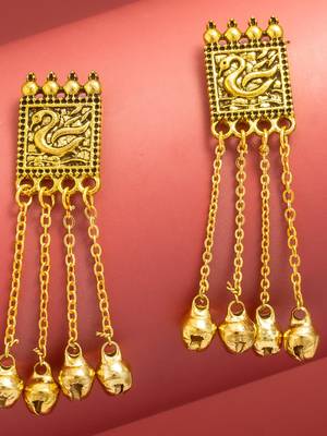 oxidized gold swan motif earrings with hanging bells 2