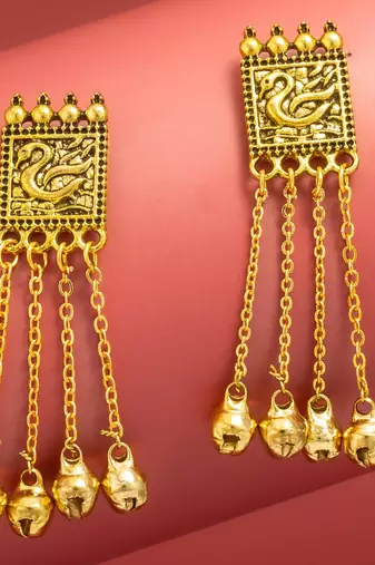 oxidized gold swan motif earrings with hanging bells