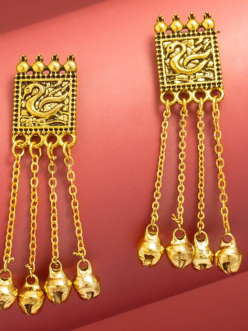 oxidized gold swan motif earrings with hanging bells