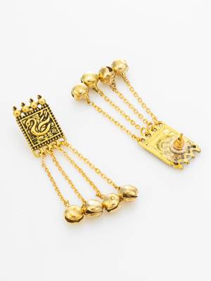 oxidized gold swan motif earrings with hanging bells 3