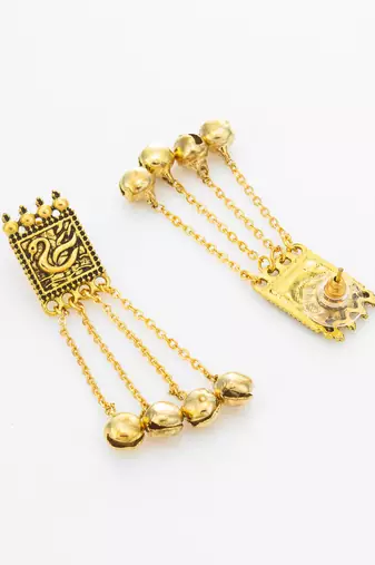 oxidized gold swan motif earrings with hanging bells