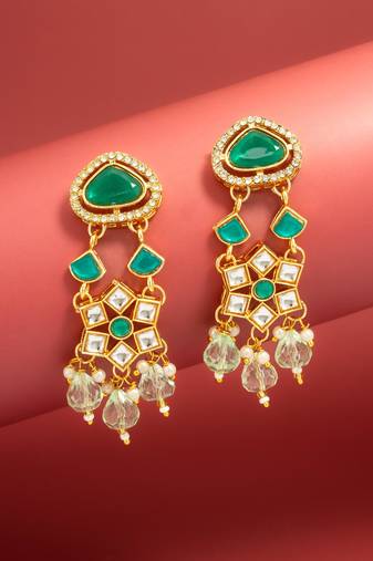 green stone ad floral chandelier earrings with beaded drops