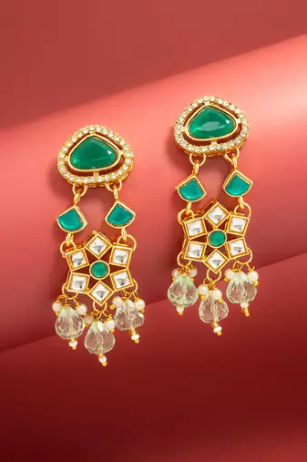 green stone ad floral chandelier earrings with beaded drops