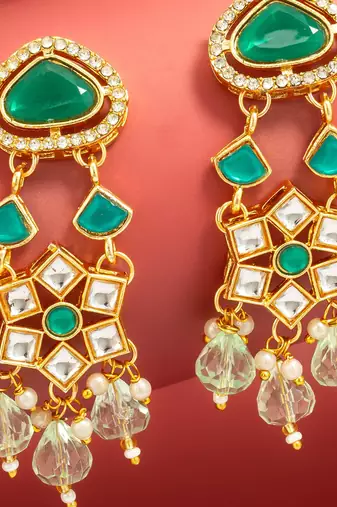 green stone ad floral chandelier earrings with beaded drops