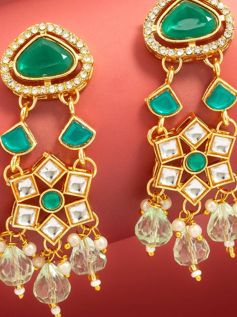 green stone ad floral chandelier earrings with beaded drops