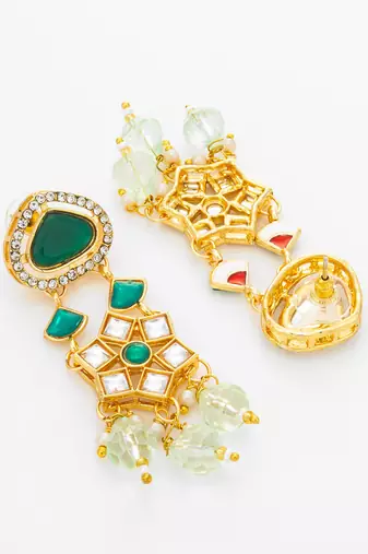 green stone ad floral chandelier earrings with beaded drops