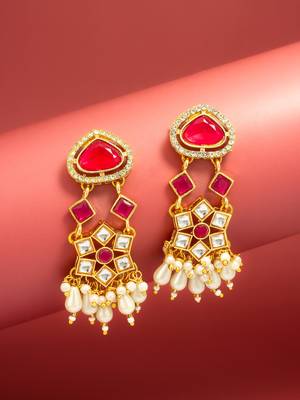 maroon stone ad floral chandelier earrings with pearl drops 1
