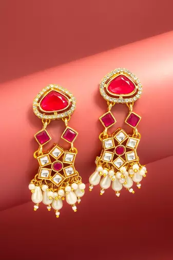 maroon stone ad floral chandelier earrings with pearl drops