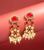 maroon stone ad floral chandelier earrings with pearl drops