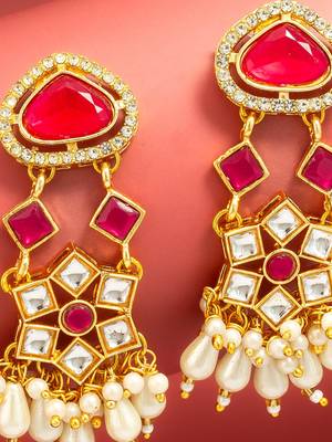 maroon stone ad floral chandelier earrings with pearl drops 2