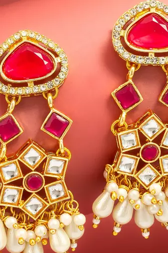 maroon stone ad floral chandelier earrings with pearl drops