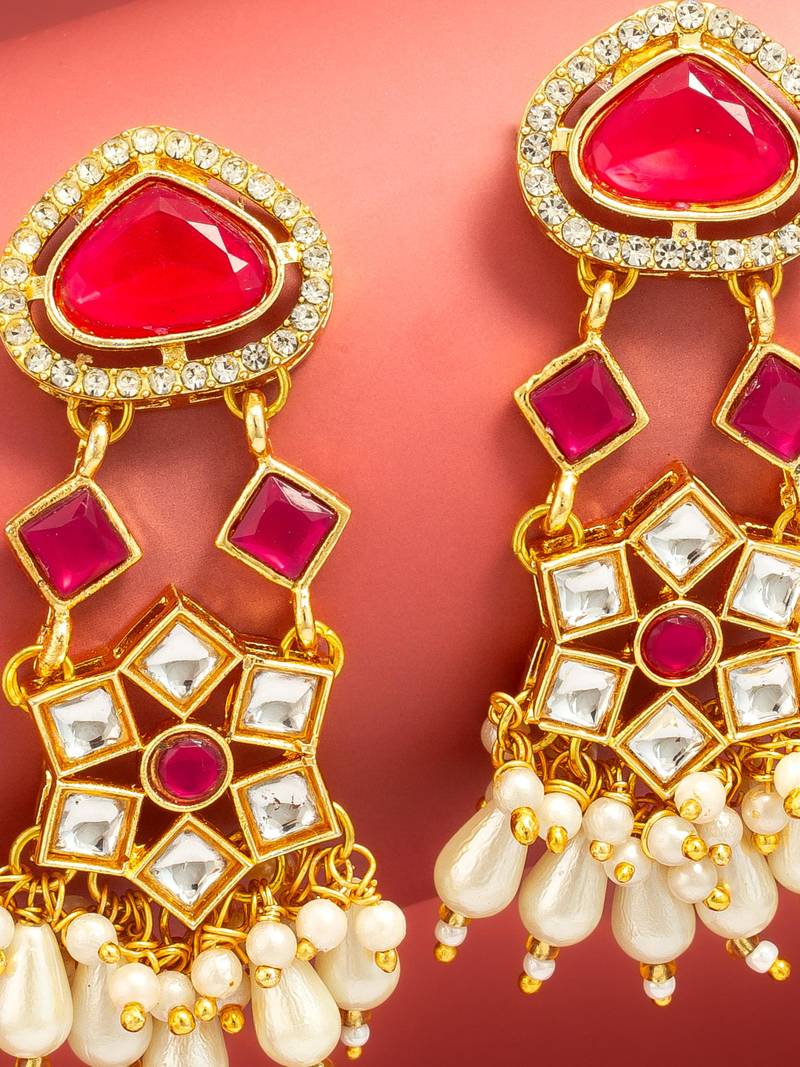 maroon stone ad floral chandelier earrings with pearl drops