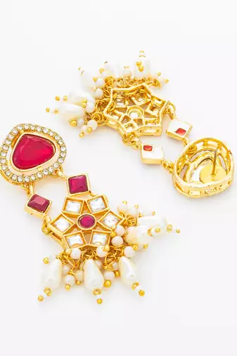 maroon stone ad floral chandelier earrings with pearl drops