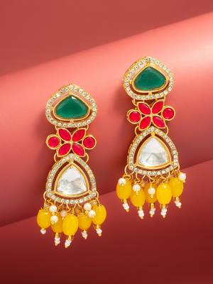 green and yellow ad floral drop earrings with beaded tassels 1