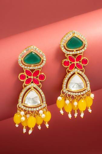 green and yellow ad floral drop earrings with beaded tassels