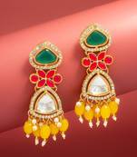 green and yellow ad floral drop earrings with beaded tassels