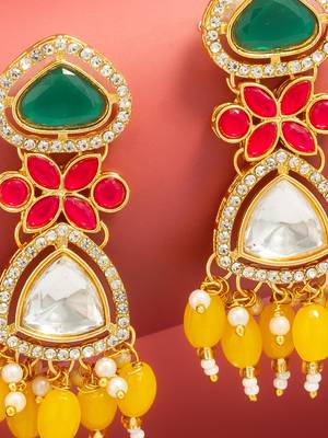 green and yellow ad floral drop earrings with beaded tassels 2