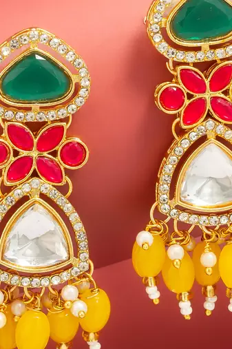 green and yellow ad floral drop earrings with beaded tassels