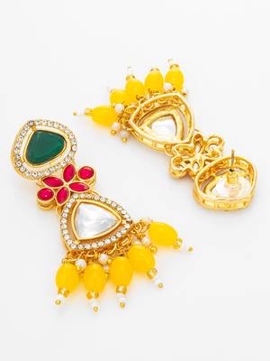 green and yellow ad floral drop earrings with beaded tassels 3