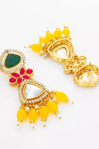 green and yellow ad floral drop earrings with beaded tassels